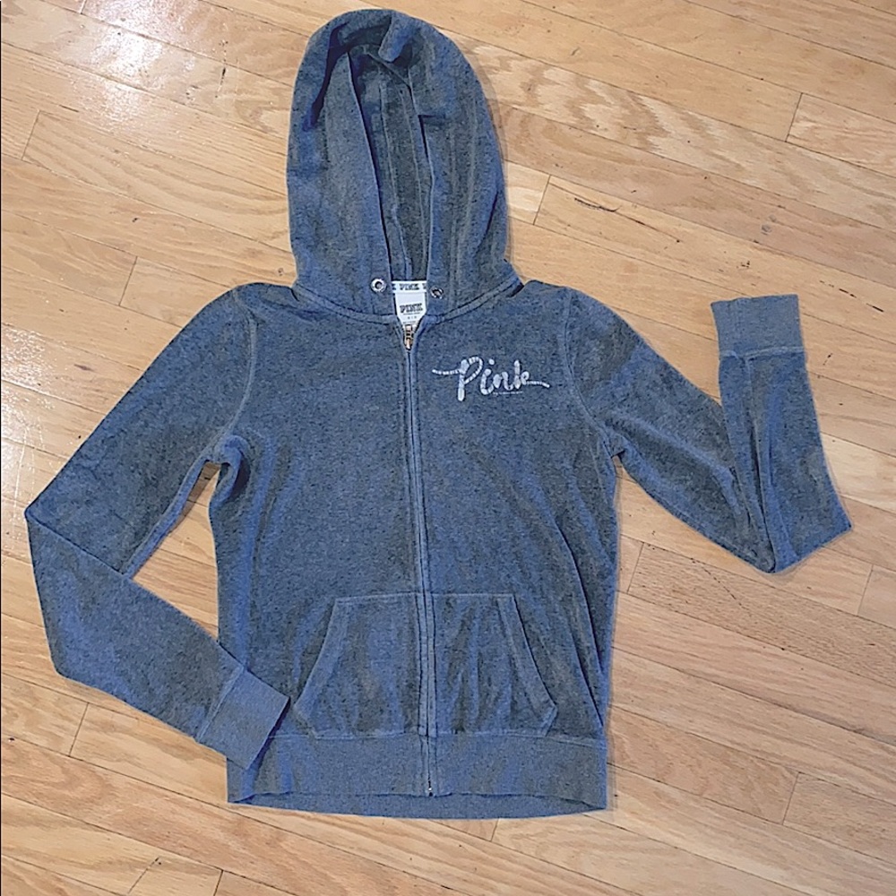 VS Pink,Grey Velour Zip Up Hoodie